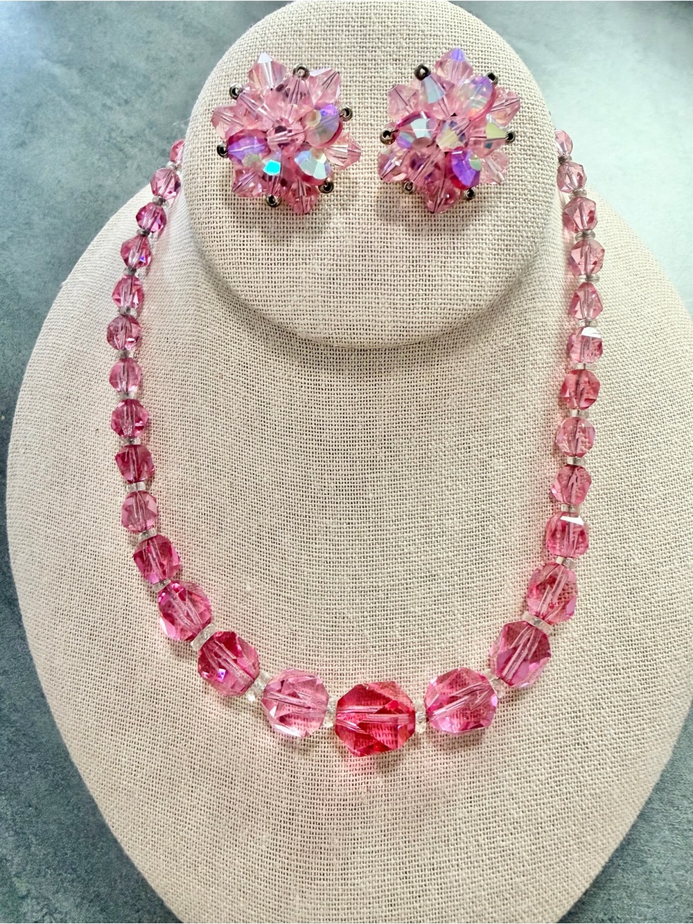 Vintage Pink Crystal Necklace And Clip On Earrings Set Aurora Borealis Faceted